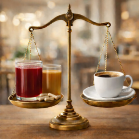 Waage mit Getränken und Kaffeetasse